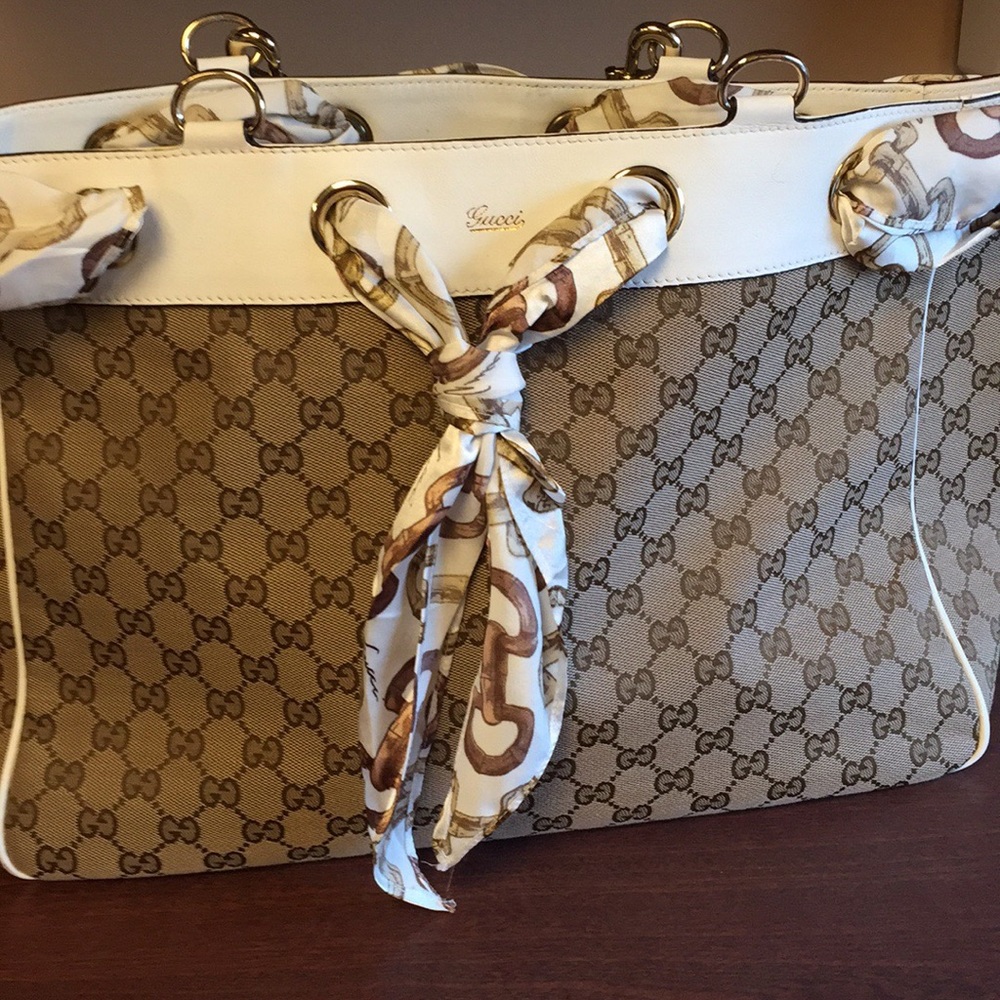 Gucci Brown and White Monogram Tote Bag with Gold Hardware